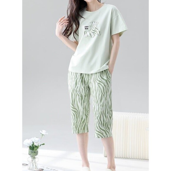 100% Cotton Women Capri Pajama Set 2 Pcs Short Sleeve Top Capris pants Sleepwear - Picture 4 of 9
